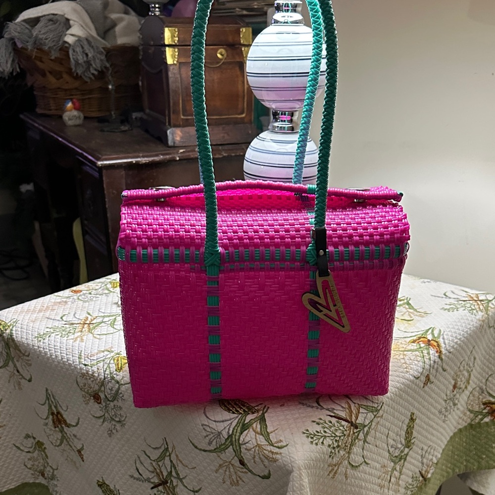 Vibrant Pink and Green Woven Tote Bag